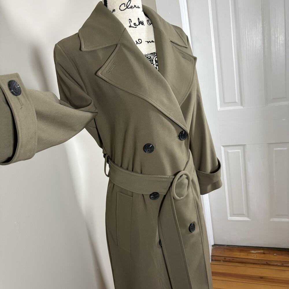 Avec Les Filles Stretch Crepe Double Breasted Belted Trench Coat Olive Green M - Picture 8 of 15